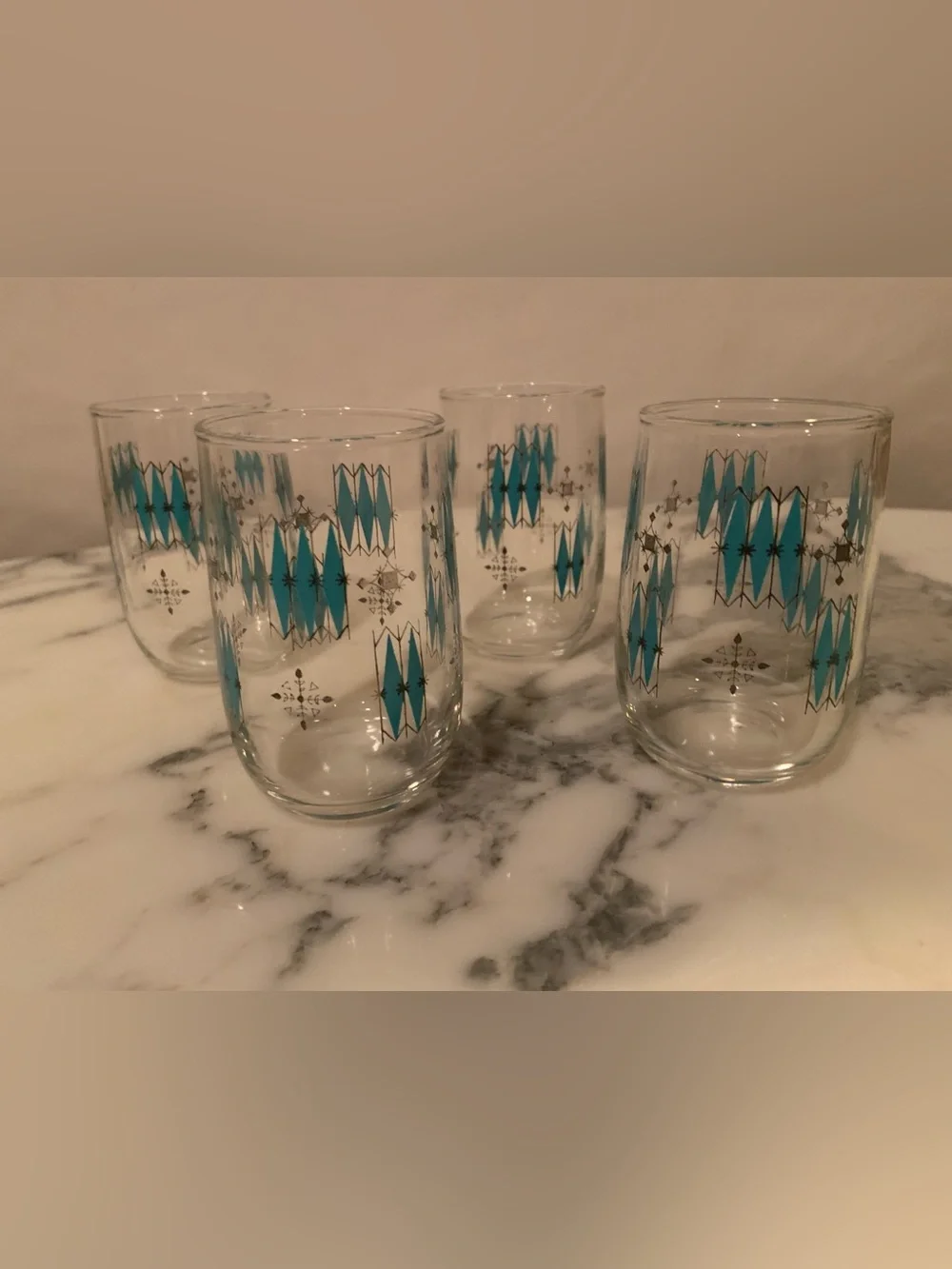 Vintage Mid-Century Modern Atomic Teal & Black Geometric Juice Glasses Set Of 4